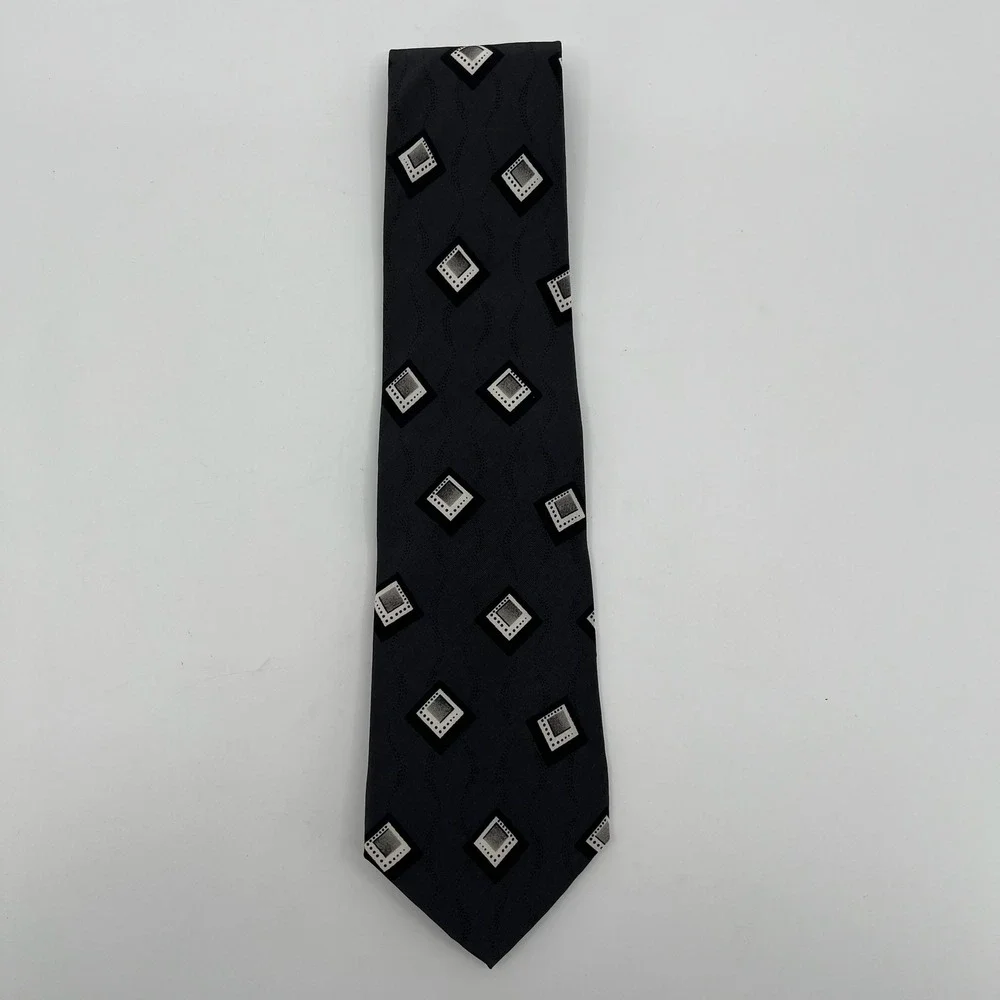 Vtg 90s Robert Stewart Tie Mens Silk Gray Black Geometric Abstract Made in USA